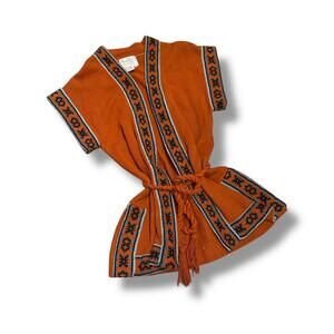 Vintage Burnt Orange Patterned Trim Sleeveless Waist Tie Sweater